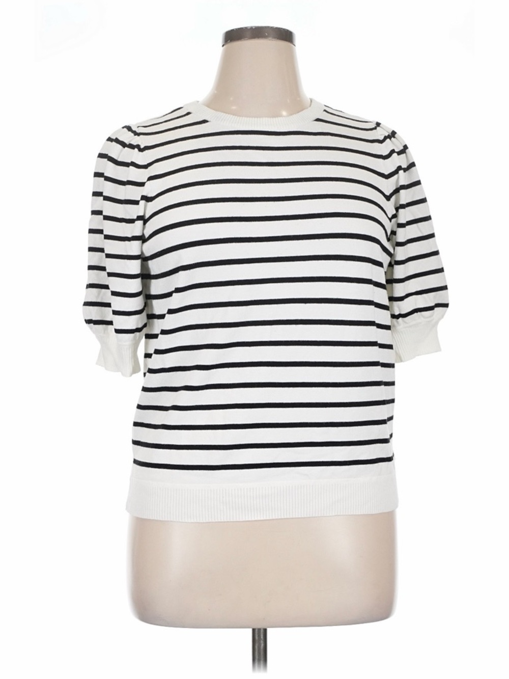 Marled White and Black Striped Short-Puff Sleeve Knit Womens Sweater, Size XL
